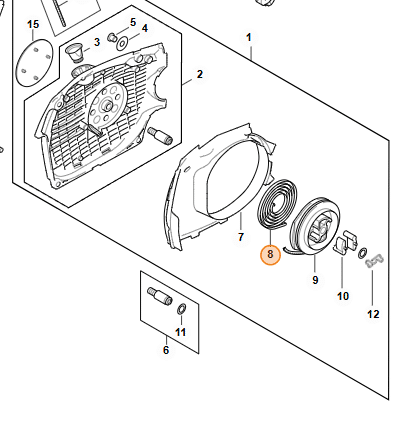Detail uloženia štartovacej pružiny STIHL v kryte