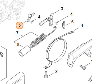 Detail uloženia malej páčky brzdového pásu STIHL