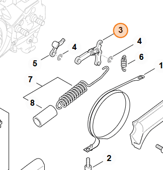 Detail uloženia páčky brzdového pásu STIHL v mechanizme