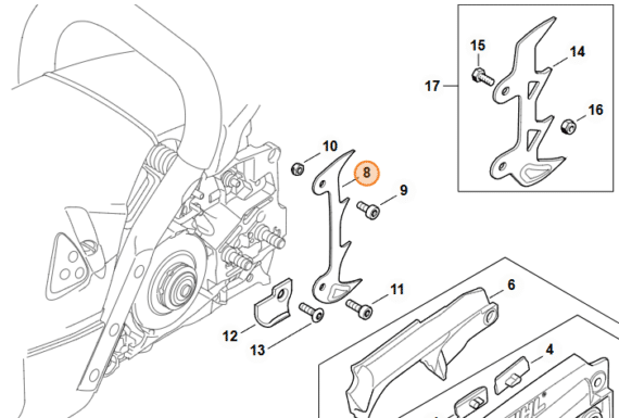 Oporný zub vnútorný STIHL MS 462 montážna schéma a súvisiace diely.