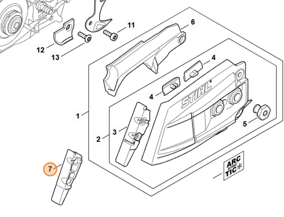 Doraz gumenný STIHL MS 462 detail uchytenia na bočnom kryte.