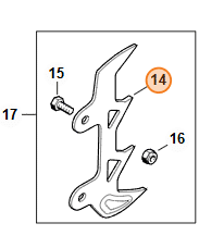 Oporný zub vonkajší STIHL MS 462 detail upevňovacích prvkov skrutka 15 a matica 16.