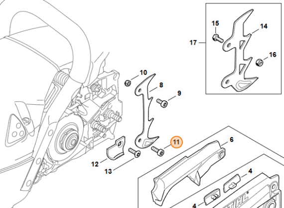 Skrutka STIHL IS-M5x16-12.9 montážna schéma oporného zuba pozícia 11