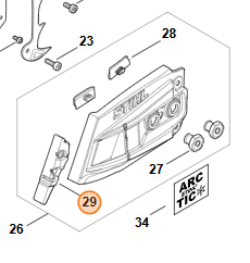 Technický rozkres bočného krytu STIHL MS 400.1 s vyznačenou zásterkou pozícia 29