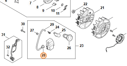 Technický rozkres zapaľovacieho systému STIHL MS 400.1 s vyznačenou ochrannou priechodkou pozícia 28
