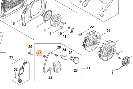 Technický rozkres zapaľovacieho systému STIHL MS 400.1 s vyznačeným držiakom kábla pozícia 27