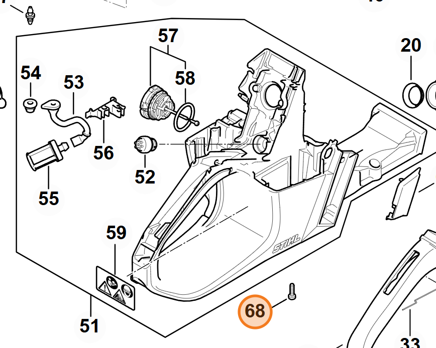 Technický rozkres kapotáže STIHL MS 500i s vyznačenou skrutkou na pozícii 68
