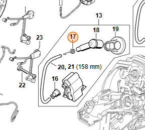 Technický rozkres zapaľovania STIHL MS 261 s vyznačenou kontaktnou pružinkou na pozícii 17