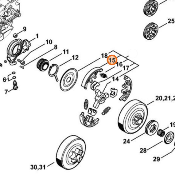 Technický nákres segmentu spojky STIHL MS 261 s vyznačením trecej plochy