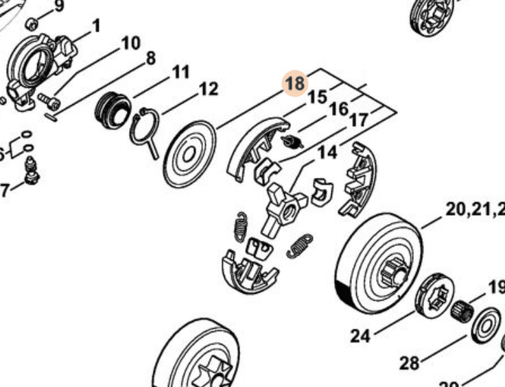 Technický rozkres spojkového mechanizmu STIHL MS 261 s vyznačeným krycím kotúčom na pozícii 18