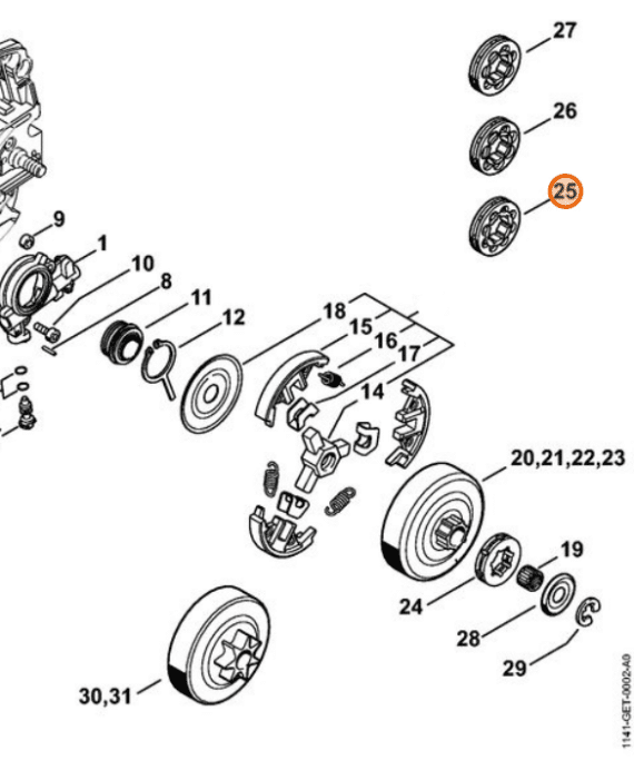 Technický rozkres spojky STIHL MS 261 s vyznačeným prstencom na pozícii 25