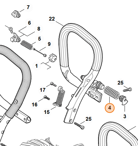 Technický rozkres AV systému STIHL MS 261 s vyznačenou pružinou na pozícii 4
