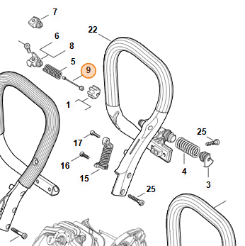 Technický rozkres AV systému STIHL MS 261 s vyznačenou poistkou na pozícii 9