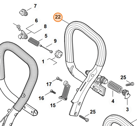 Technický rozkres AV systému STIHL MS 261 s vyznačenou rukoväťou na pozícii 22