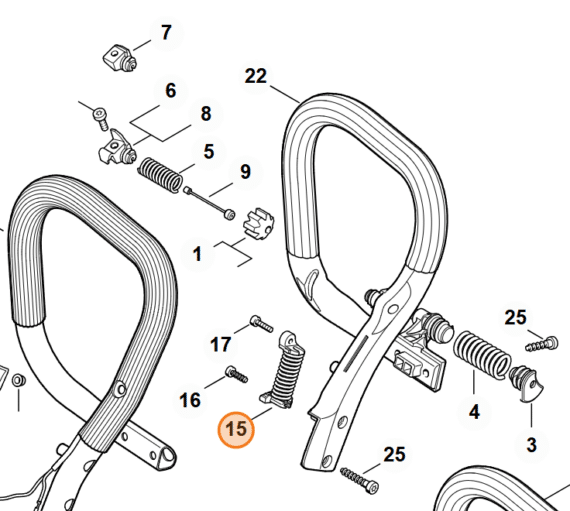 Technický rozkres AV systému STIHL MS 261 s vyznačeným silenblokom na pozícii 15
