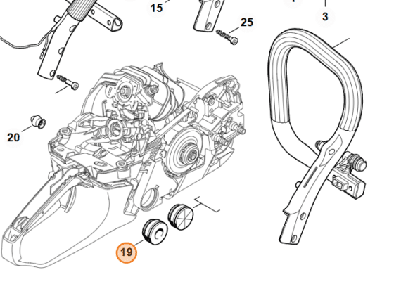 Technický rozkres AV systému STIHL MS 261 s vyznačeným dorazom na pozícii 19