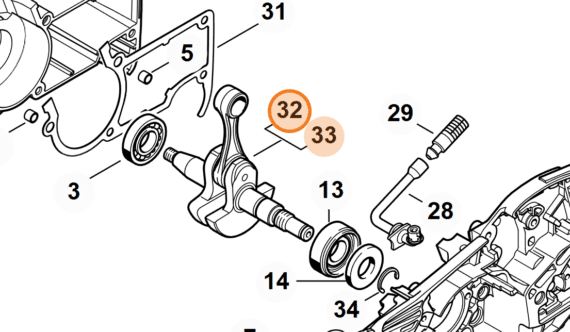 Technický rozkres kľukovej skrine STIHL MS 261 s vyznačeným hriadeľom na pozícii 32