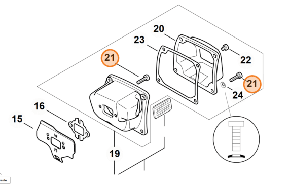 Technický rozkres výfukového systému STIHL s vyznačenou skrutkou IS-M5x20-12.9 na pozícii 21