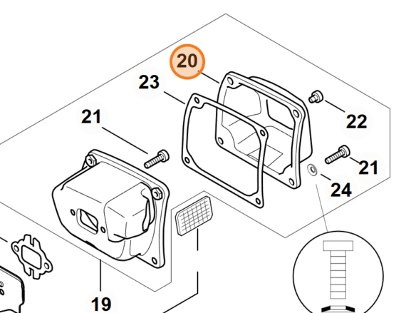 Technický rozkres výfuku STIHL MS 500i s vyznačeným vrchným dielom na pozícii 20