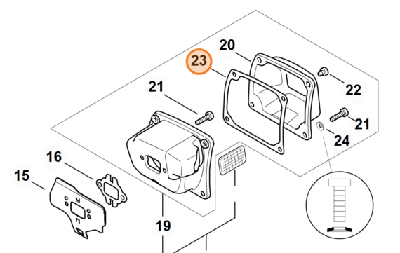 Technický rozkres výfukového systému STIHL MS 500i s vyznačeným tesnením na pozícii 16