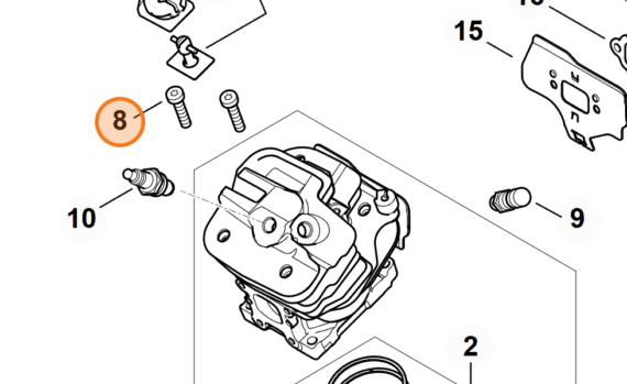 Technický rozkres valca a kartera STIHL MS 500i s vyznačenou skrutkou M6x28 na pozícii 8