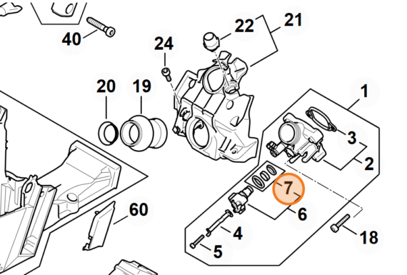 Technický rozkres vstrekovacieho systému STIHL MS 500i s vyznačenou sadou tesnení