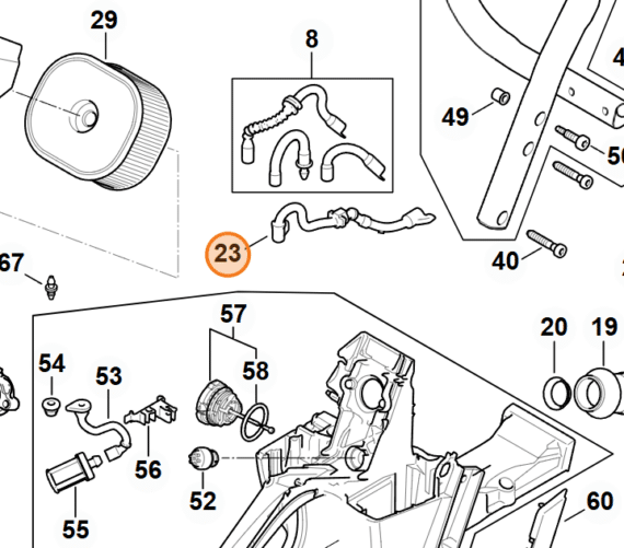 Technický rozkres palivového systému STIHL MS 500i s vyznačenou hadicou na pozícii 23
