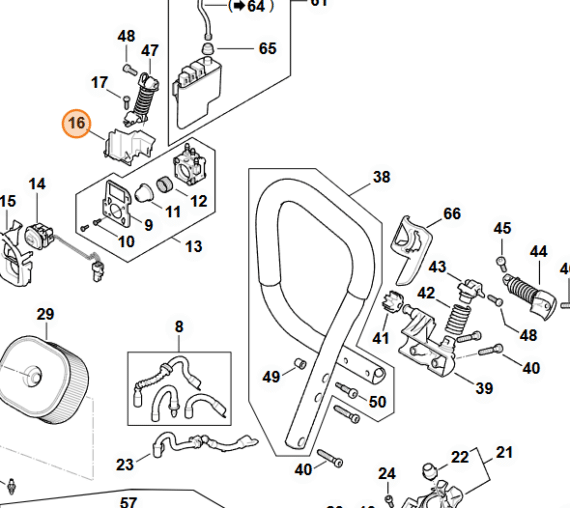 Technický rozkres vstrekovacieho modulu STIHL MS 500i s vyznačeným držiakom na pozícii 16