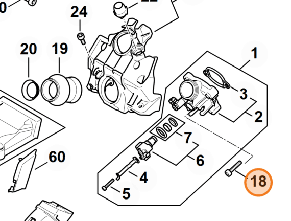 Technický rozkres vstrekovacieho systému STIHL MS 500i s vyznačenou skrutkou na pozícii 18