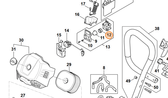 Technický rozkres vstrekovacieho systému STIHL MS 500i s vyznačenou pružinou na pozícii 12