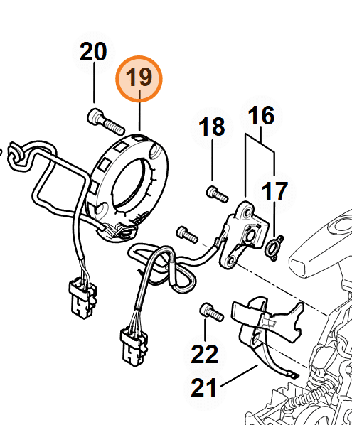 Technický rozkres zapaľovacieho systému STIHL MS 500i s vyznačeným generátorom na pozícii 19