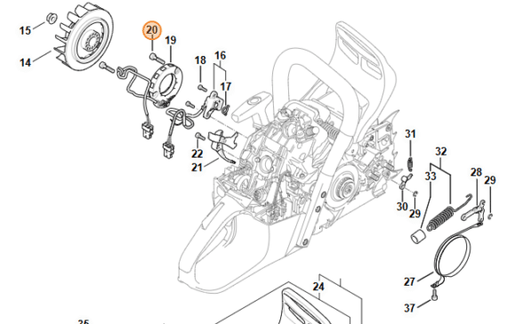 Skrutka pre Technický rozkres zapaľovacieho systému STIHL MS 500i s vyznačenou skrutkou na pozícii 20