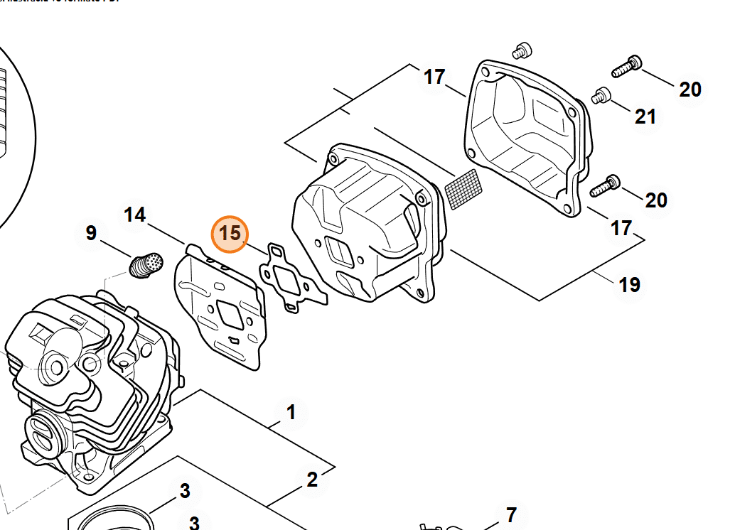 Technický rozkres výfukového systému STIHL MS 462 s vyznačeným tesnením na pozícii 15
